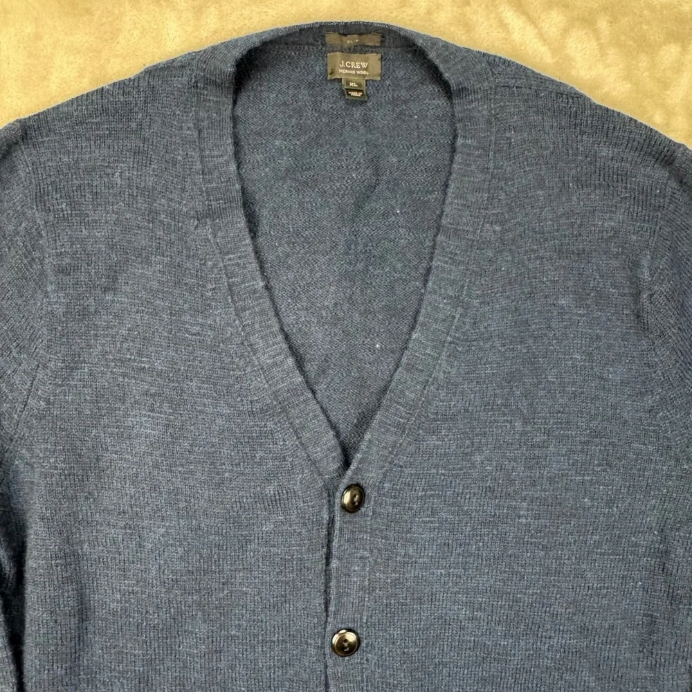 J Crew Cardigan Mens XL Blue Slim Merino Wool Elbow Patch Heritage Sweater Prep